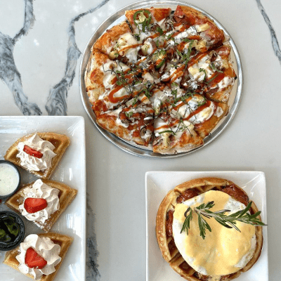Jupiter pizza and waffle food pizza, waffle, and chicken