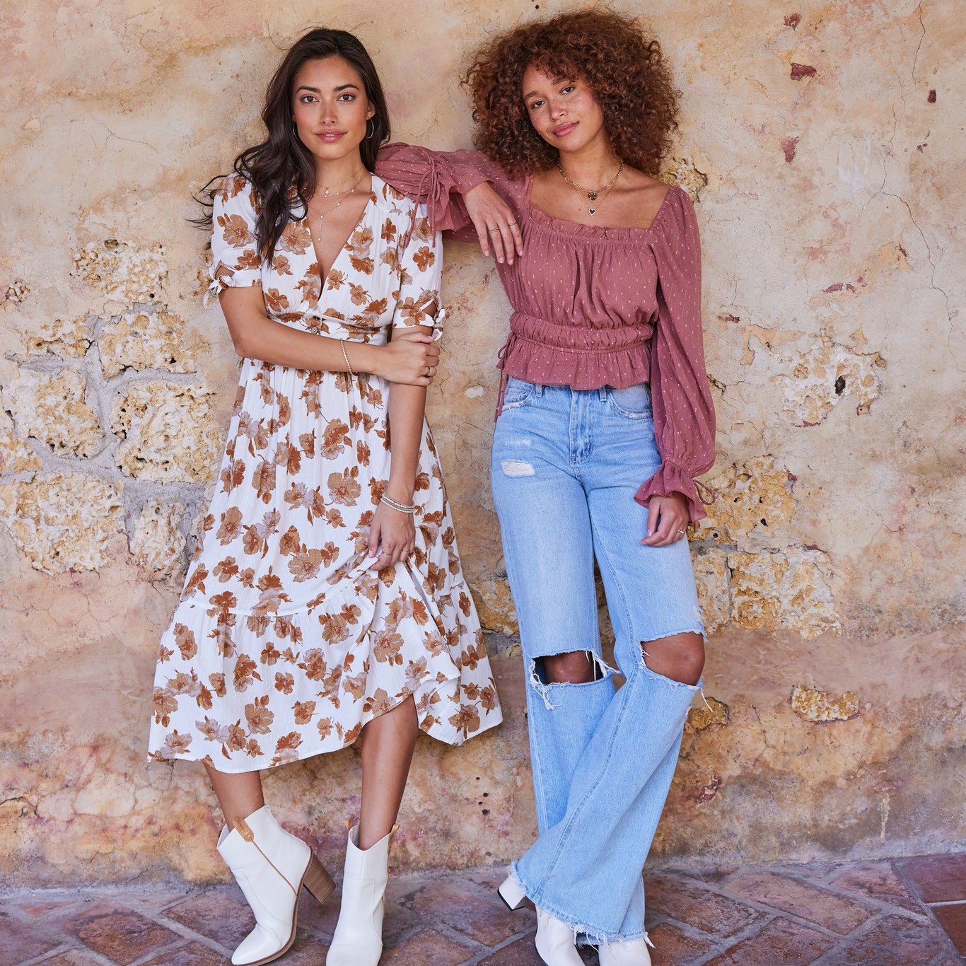 Altard State Two women wearing dress, shirt, jeans, and boots